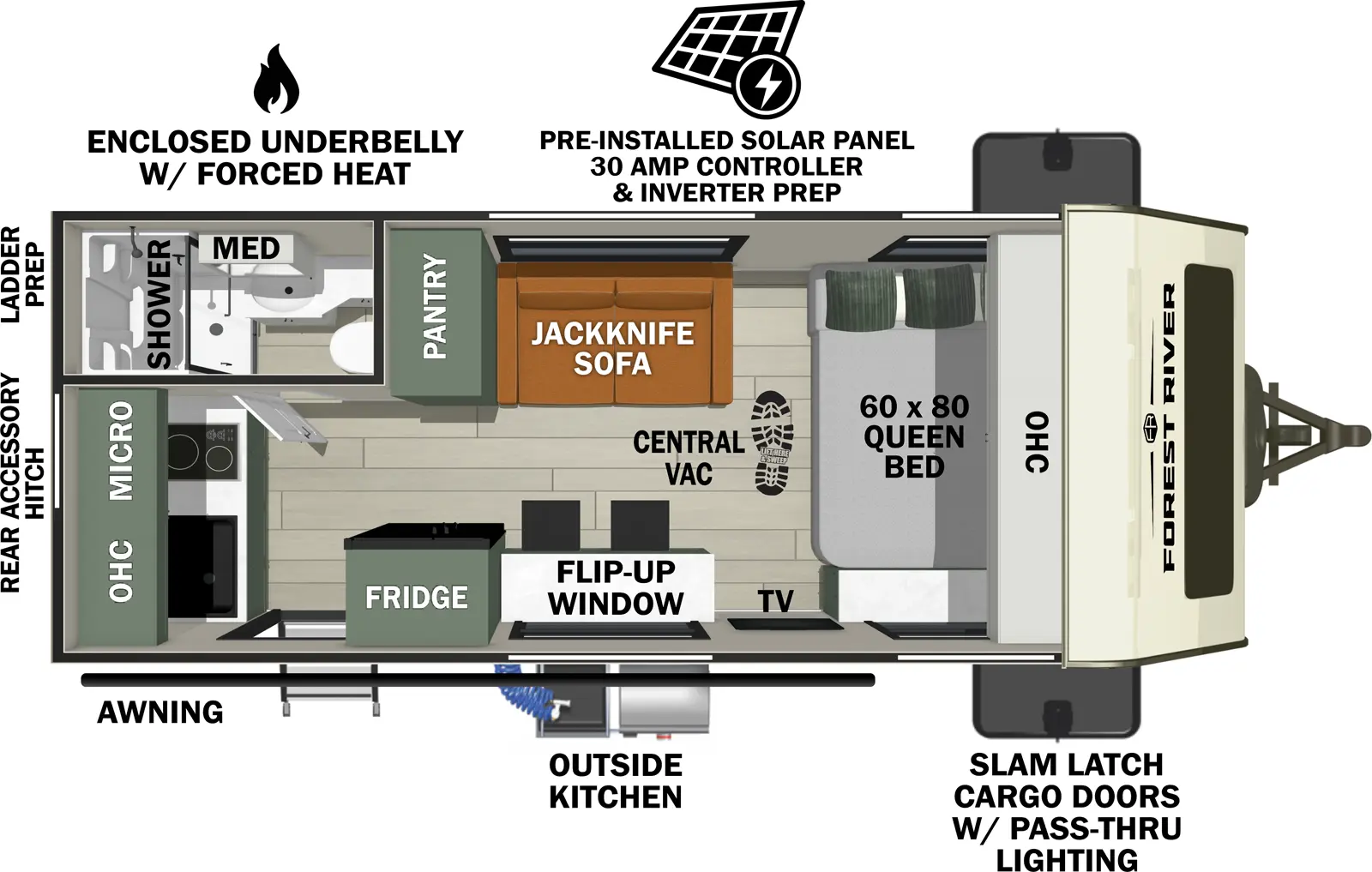 The No Boundaries NB18.2 floorplan has one entry and zero slide outs. Exterior features include: fiberglass exterior, 14' awning and outside kitchen. Interiors features include: front bedroom.